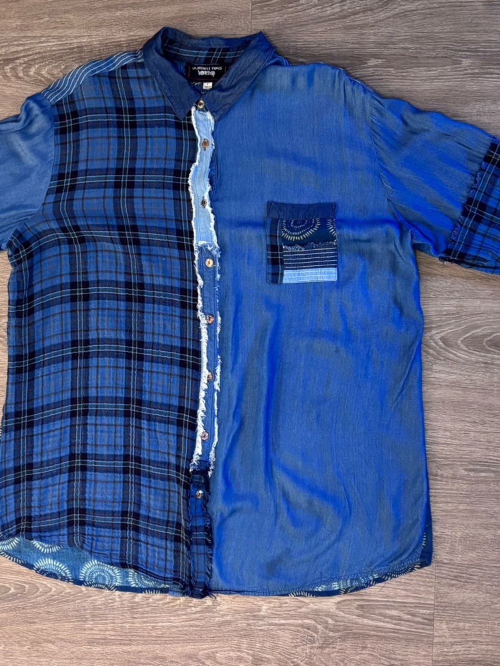Johnny Was Workshop Blue Patchwork Denim & Plaid Button-Down - Picture 8 of 15
